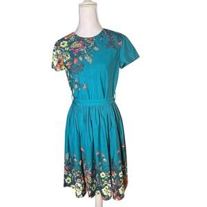 Vintage 50s Style Small Emerald Knee Length Bow Belted Fit Flare Floral Dress
